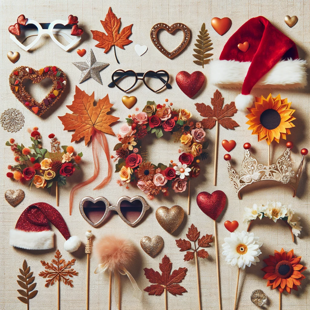 Photo d'accessoires thématiques saisonniers pour photobooth mariage